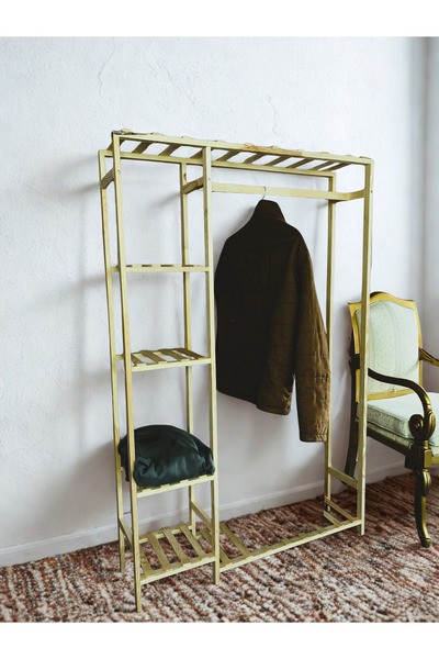 Y Dekorasyon Ahşap Ayaklı Askılı Raflı Çok Amaçlı Elbise Dolabı