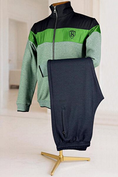 BESSA Green Mock Neck Tracksuit Set Parachute Fabric Detailed Zippered Pocket Straight Leg Men's