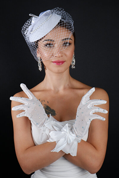 Hayalperest boncuk İncili Tül Detaylı Gelin Kep Aksesuarı ve Fiyonklu Taşlı Düğün Eldiven Seti