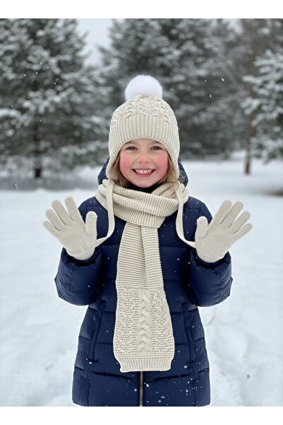 Kitti 4-8 Yaş Kız Çocuk Polarlı Atkı-Bere-Eldiven-Açık Bej
