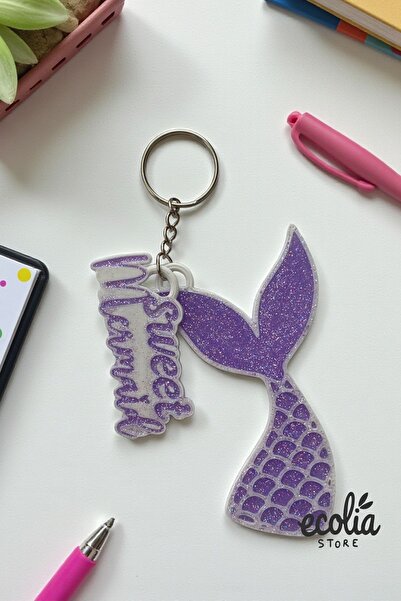 ecolia store Sweet Mermaid Written Purple Glitter Mermaid Tail Keychain & Bag Charm