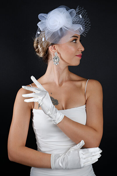 Limelia Accesoriu pentru mireasa din plasa de tul cu flori si set de manusi scurte de nunta din satin