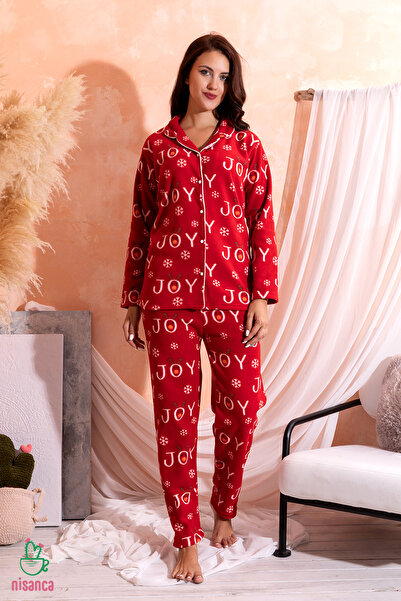 lacelove Winter New Year Patterned Women's Shirt Fleece Pajama Set - New Year's Pajamas with Deer - Gen