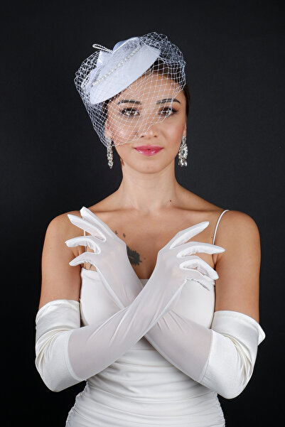 Hayalperest boncuk Pearl Mesh Bridal Wedding Cap Accessory and Elbow Length Wedding Gloves Set
