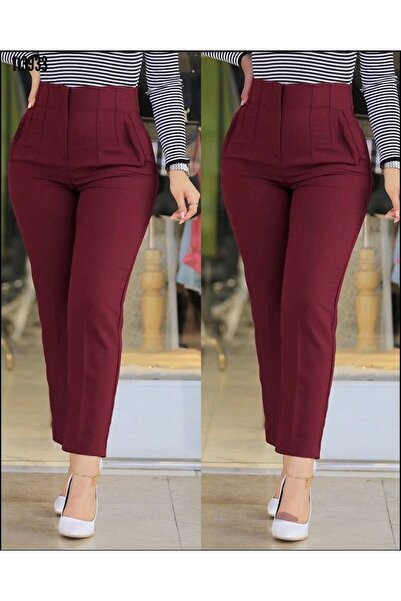 Valeria Butik Women's Atlas Fabric High Waist Stretch Fabric Double Pocket Pipe Leg Trousers