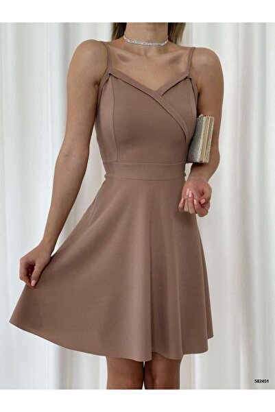 Modafeminen Crepe Fabric Thin Strap Flared Dress 582451 Beige