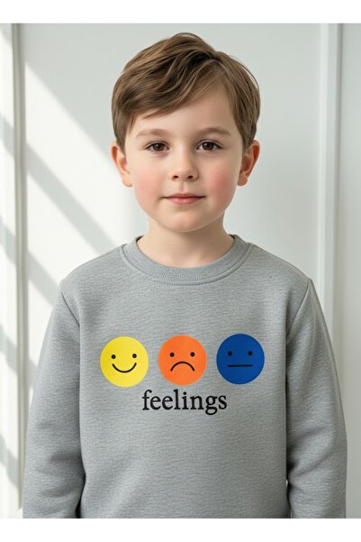 KUMRUNUN DÜNYASI Smile Printed Gray Fleece-Lined Sweat Boy's Sweatshirt (Narrow Fit)