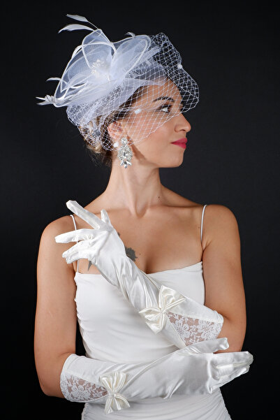 ESPEREST Tüylü Gelin Nikah Kep Aksesuarı ve Fiyonklu Dantel Uzun Düğün Eldiven Seti