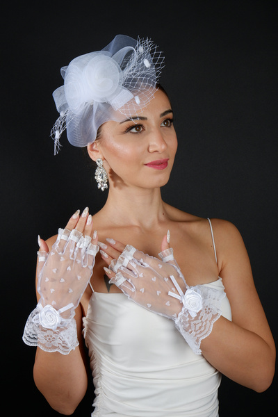 Hayalperest boncuk Rose Heart Embroidered Tulle Bridal Gloves and Nikah Wedding Cap Accessory Set