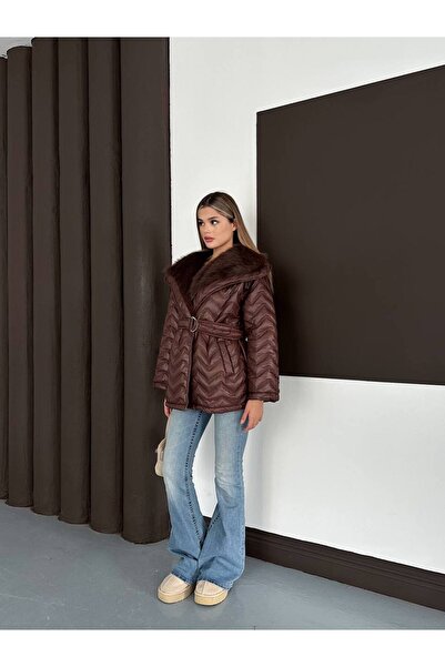 Bella Breeze Palton puf pentru femei, cu centură și blană în interior