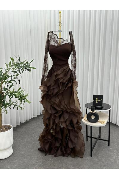 NALA FASHION Mocha evening dress with luxurious layers