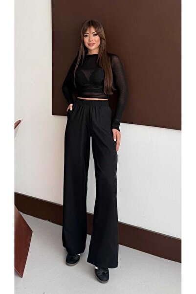 mor butik Morbutik Women's Black Height-Extending Body-Defining High-Waist Wide-Leg Timeless Stylish Draped Pants