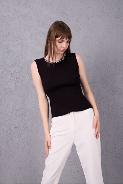 Su Moda Women's Knitwear Sweater Blouse Stone Embroidered Sleeveless New Year Office Chic