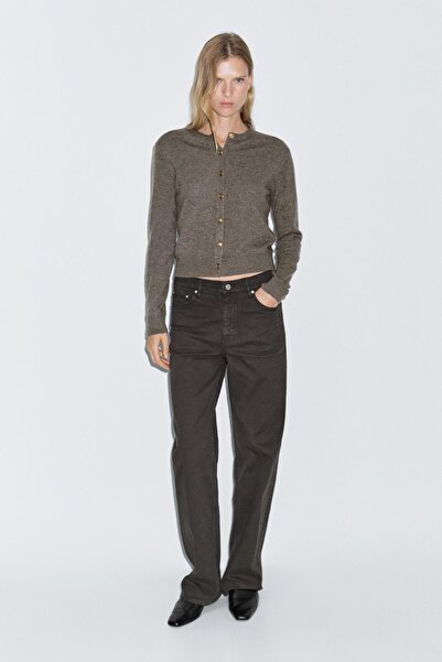 Massimo Dutti Altın rengi düğmeli %100 yün triko hırka