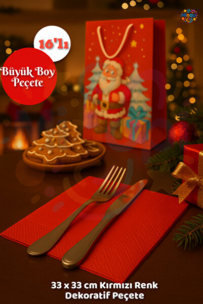 Minopi Kırmızı Peçete Sunumluk I16 Adet Dekoratif Estetik Yılbaşı Parti Konsepti 33x33 Cm