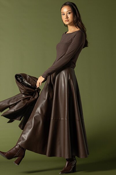 Olcay Segmented Flared Leather Skirt Brown 7065
