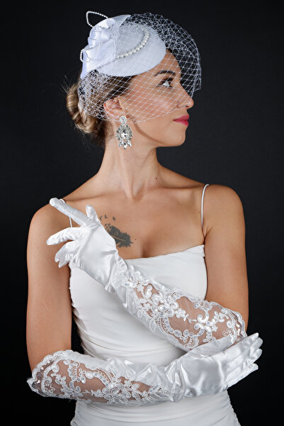 Limelia إكسسوار قبعة الزفاف المزينة بالشريط الحجري ومجموعة قفازات الزفاف المصنوعة من الساتان المزخرف بالدانتيل