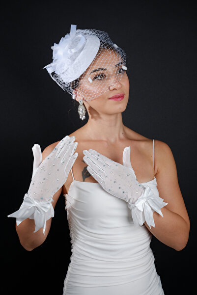 Limelia Şık Taşlı Fiyonklu Tül Eldiven Gelin Nikah Kep Aksesuarı ve Düğün Seti