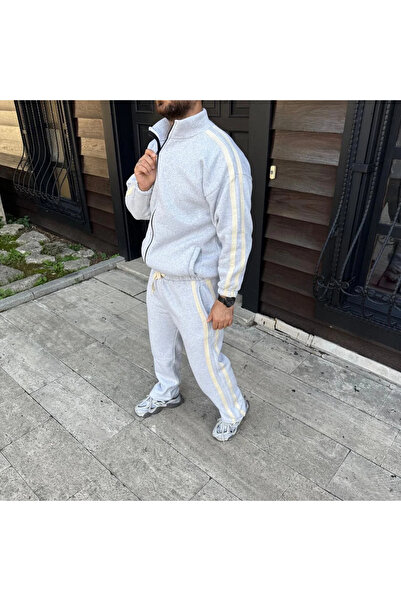 Silerra Men's Double Stripe Tracksuit Set Mock Neck Zippered Sweatshirt Tube Leg Bottom, Oversized 3 Thread Cotton