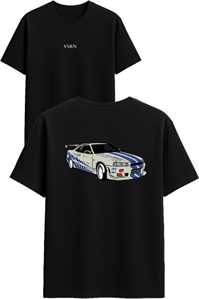 VSRN Tricou oversize negru cu imprimeu design albastru auto