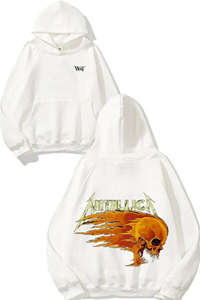 THEWERT سويت شيرت ميتاليكا فاير سكل ديزاين مطبوع أبيض بغطاء رأس