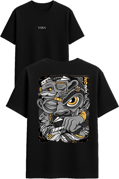 VSRN Different Shaped Man Design Printed Black Oversized t Shirt