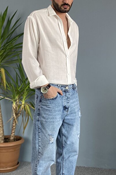Alışveriş Sokağı 100% Cotton Oversized Long Sleeve Linen Shirt