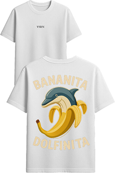 VSRN تي شيرت بتصميم بانانيتا دولفينتا مطبوع أبيض قصة فضفاضة