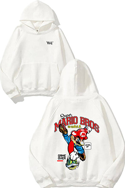 THEWERT Super Mario Bros Design Back Printed White Hooded Sweatshirt
