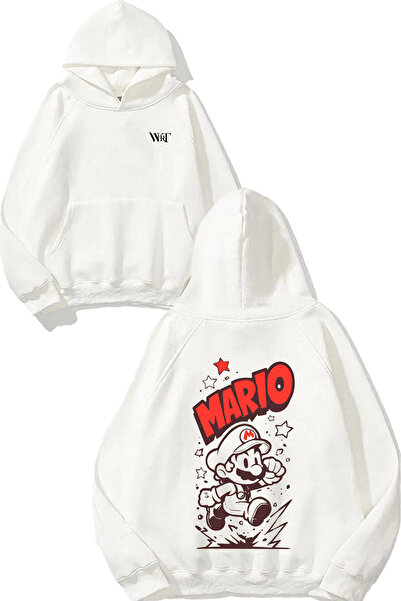 THEWERT سويت شيرت بتصميم ماريو بروس مطبوع أبيض بغطاء رأس