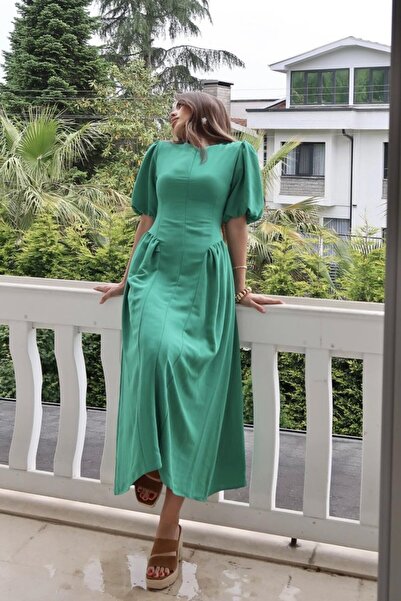 Lady Moss Sidelya Concept Green Back-Tied Gathered Linen Dress