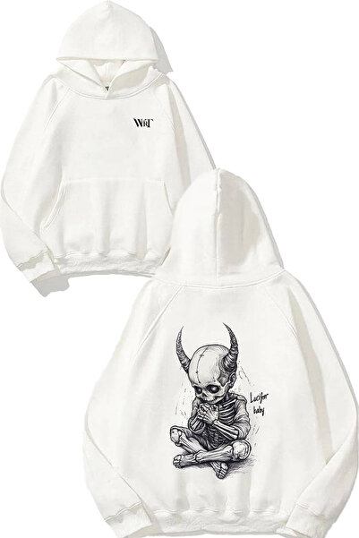 THEWERT سويت شيرت لوسيفر بيبي ديزاين مطبوع أبيض بغطاء رأس