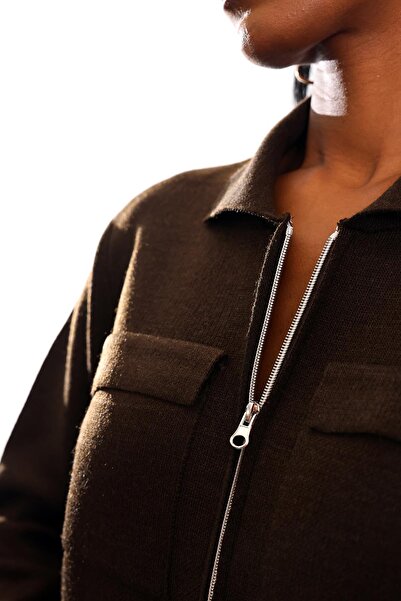 5in1Canpolat Bitter Brown Double Pocket Zippered Cardigan 251076