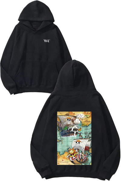 THEWERT Rucsac cu design navă pirată One Piece cu imprimeu Negru cu glugă Swea tricou