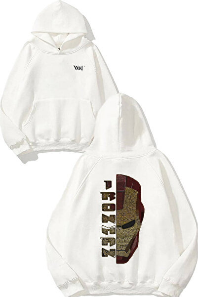 THEWERT Iron Man Face Yazi Tasarım Sırt Baskılı Beyaz Kapüşonlu Sweatshirt