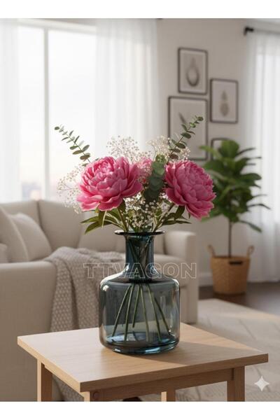 ttvagon Dekoratif Vazo | Orta Boy Cam Çiçeklik Modern Şık Salon Masa ve Ev Aksesuar Mavi 17cm