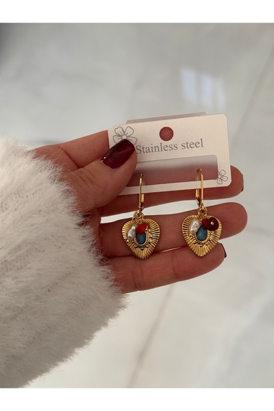 HERCY Sallantılı Mini Taşlı Kalp Küpe | Paslanmaz Çelik Gold Kalpli Küpe