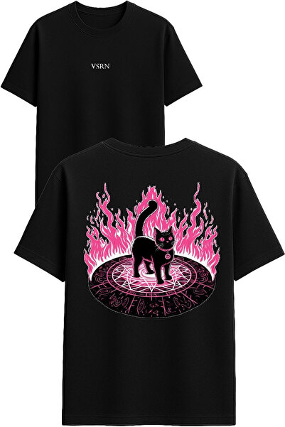VSRN Μπλουζάκι με σχέδιο Cat Flame, εμπριμέ, μαύρο, oversized