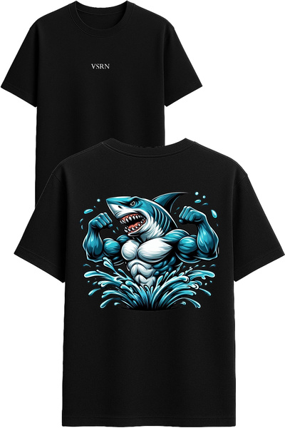 VSRN تي شيرت جيم شارك تصميم مطبوع أسود قصة فضفاضة