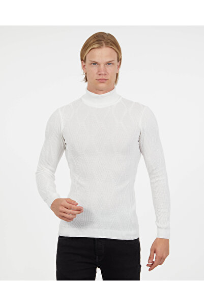 elkumoda Men's Turtleneck Knitwear Sweater Cotton Self-Patterned Turtleneck Slimfit Sweater