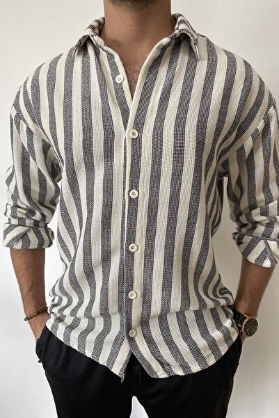 Alışveriş Sokağı Gray Oversized Striped Linen Shirt