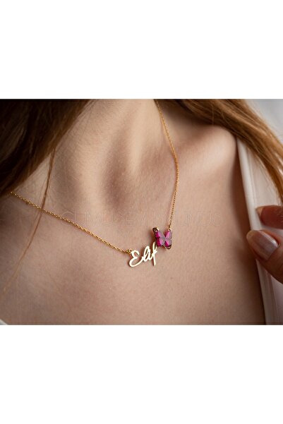 gümüşevibyunus Elif Yazılı Kelebek Figürlü 925 Ayar Altın Renk Gümüş İsimli K...