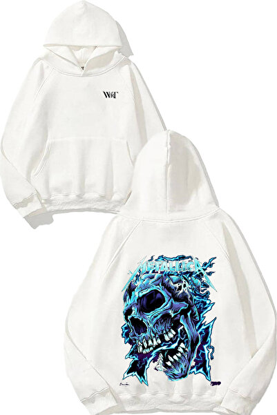 THEWERT Metallica Skull Printed Design Backpack White Hooded Sweatshirt