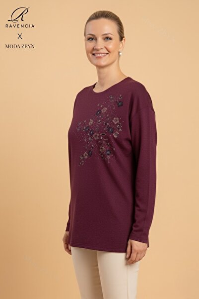 Ravencia Women's Middle-Aged and Older Floral Patterned Stoned Stretch Fabric Wool Burgundy Mother Combed Cotton Blouse