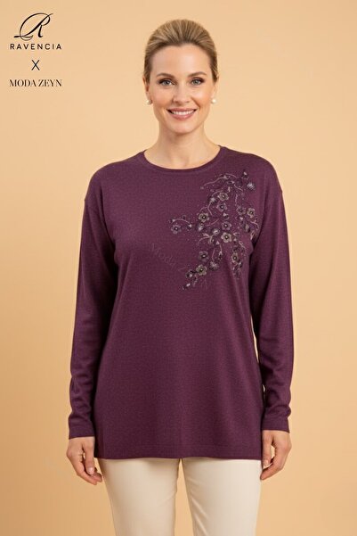 Ravencia Women's Middle-Aged and Above Floral Patterned Stoned Stretch Fabric Wool Pink Mother Combed Cotton Blouse