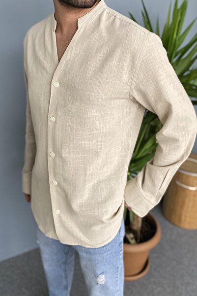 Alışveriş Sokağı Hakim V-Neck Linen Seasonal Long Sleeve Shirt