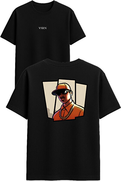 VSRN Tricou oversize negru cu imprimeu design „Bărbat cu lanț auriu”