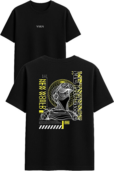 VSRN تي شيرت نيو وورلد ديزاين مطبوع أسود قصة فضفاضة
