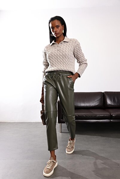 5in1Canpolat Khaki Carrot Leather Pants 22022