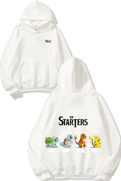 THEWERT Pokemon the Starters Design Backpack Printed White Hooded Sweatshirt